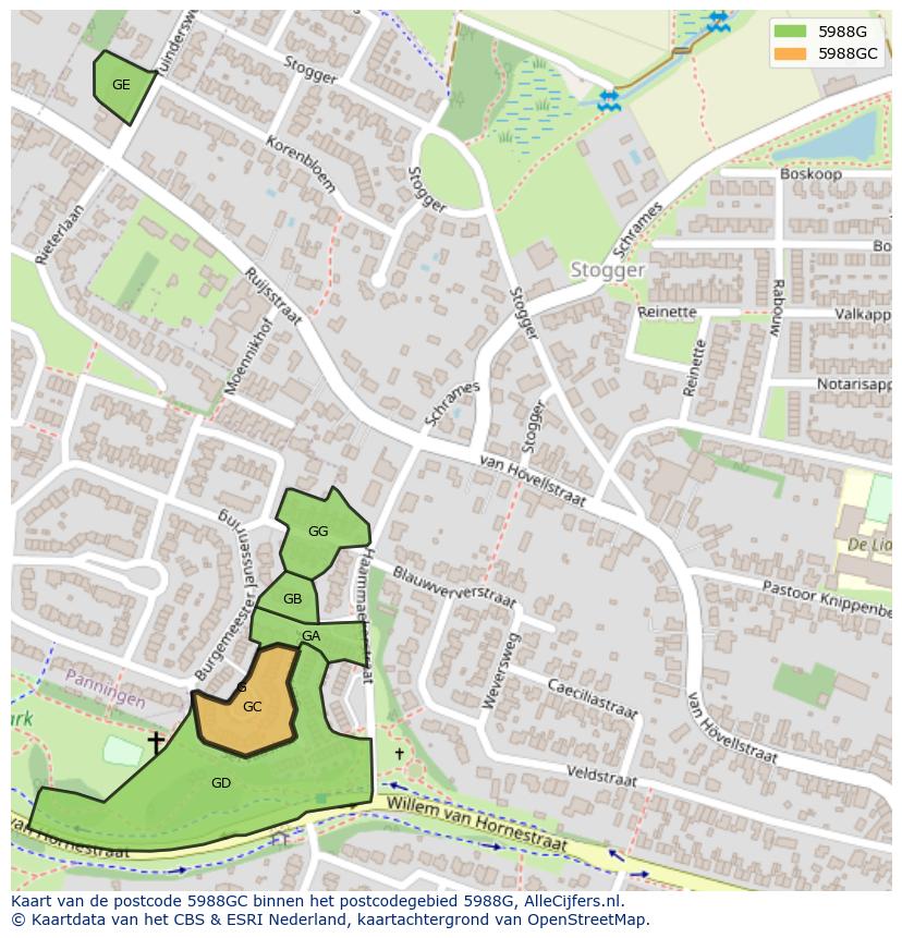 Afbeelding van het postcodegebied 5988 GC op de kaart.