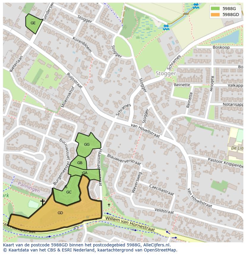 Afbeelding van het postcodegebied 5988 GD op de kaart.