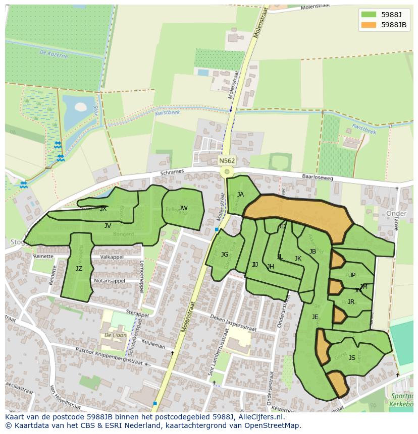 Afbeelding van het postcodegebied 5988 JB op de kaart.