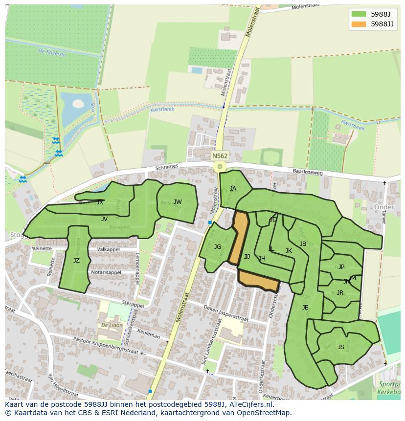 Afbeelding van het postcodegebied 5988 JJ op de kaart.