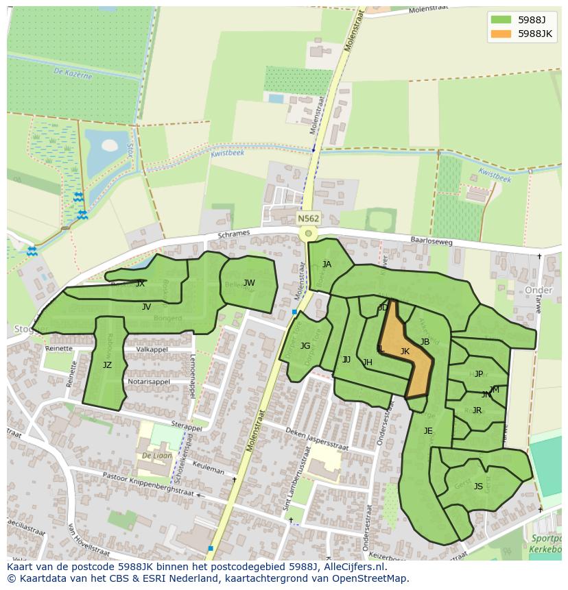 Afbeelding van het postcodegebied 5988 JK op de kaart.