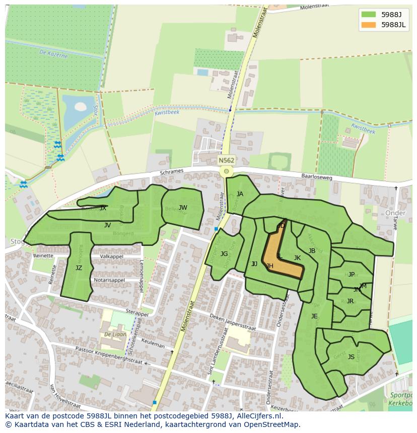 Afbeelding van het postcodegebied 5988 JL op de kaart.