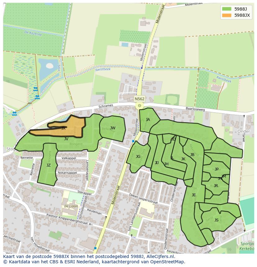 Afbeelding van het postcodegebied 5988 JX op de kaart.