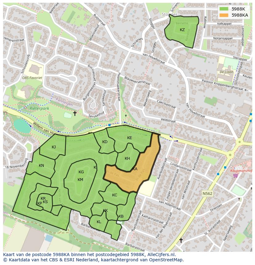 Afbeelding van het postcodegebied 5988 KA op de kaart.
