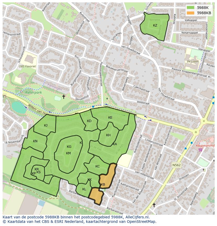 Afbeelding van het postcodegebied 5988 KB op de kaart.