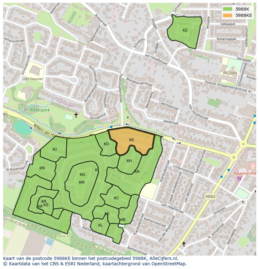 Afbeelding van het postcodegebied 5988 KE op de kaart.