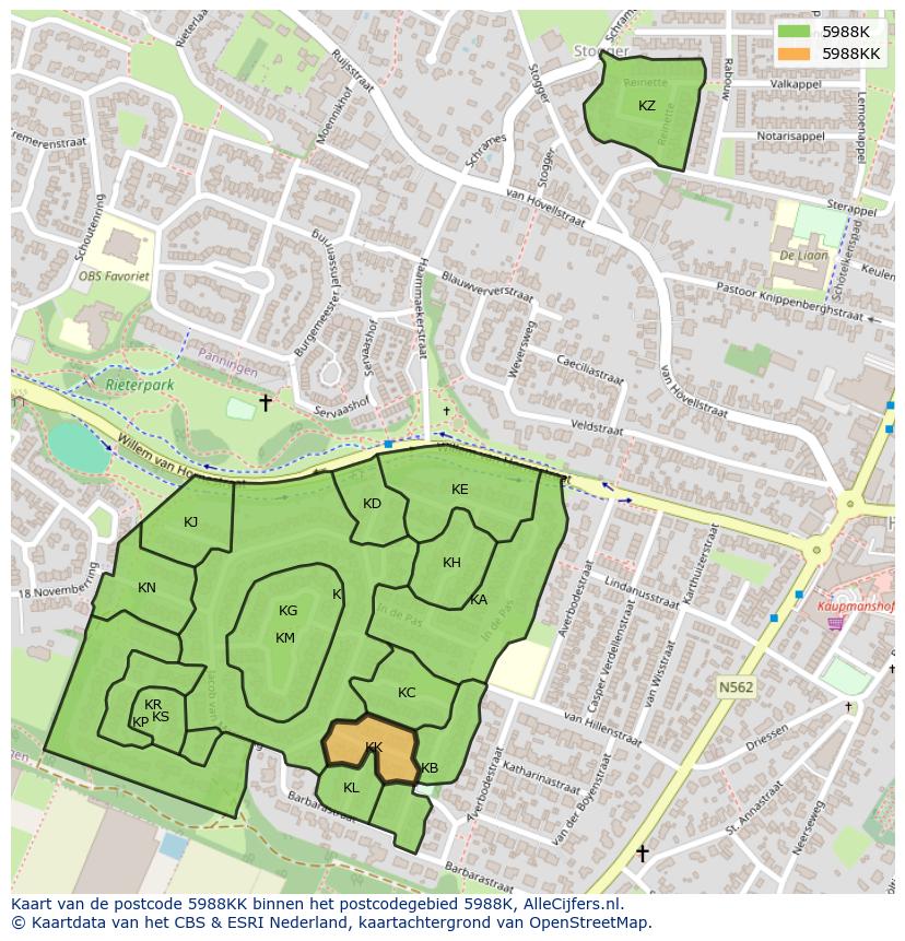 Afbeelding van het postcodegebied 5988 KK op de kaart.
