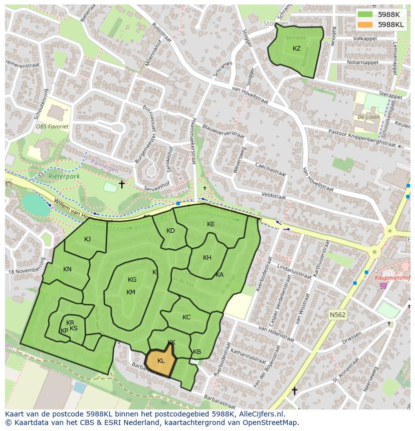 Afbeelding van het postcodegebied 5988 KL op de kaart.