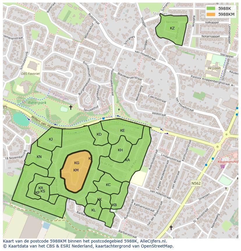 Afbeelding van het postcodegebied 5988 KM op de kaart.