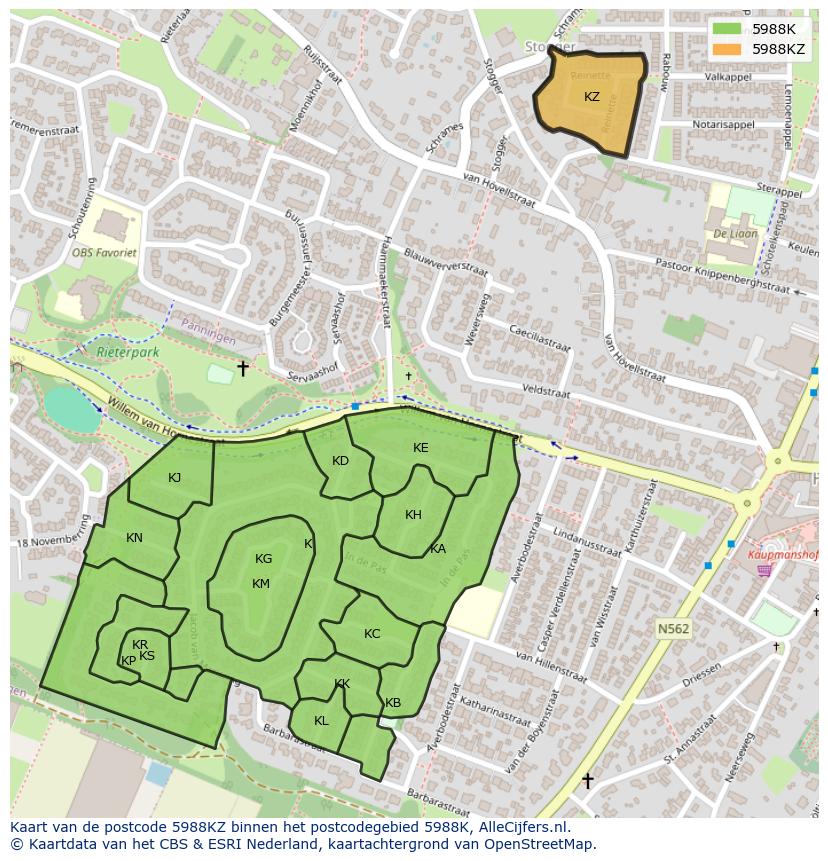 Afbeelding van het postcodegebied 5988 KZ op de kaart.