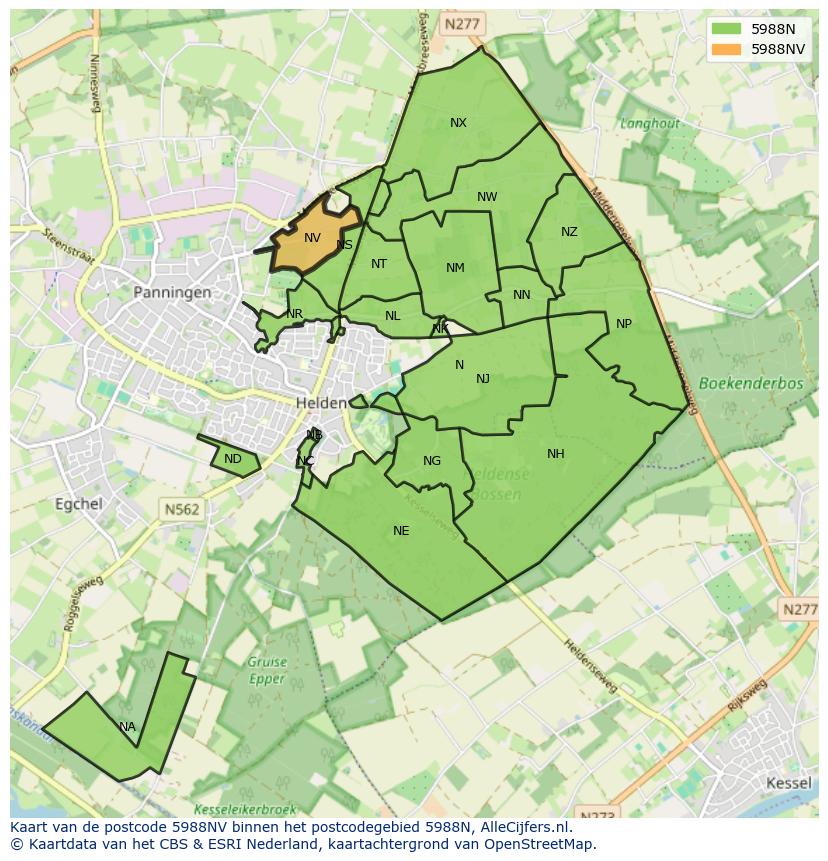 Afbeelding van het postcodegebied 5988 NV op de kaart.