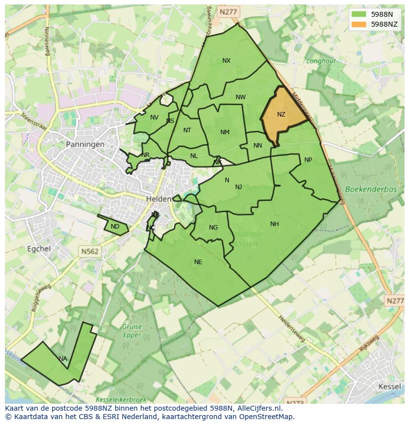 Afbeelding van het postcodegebied 5988 NZ op de kaart.