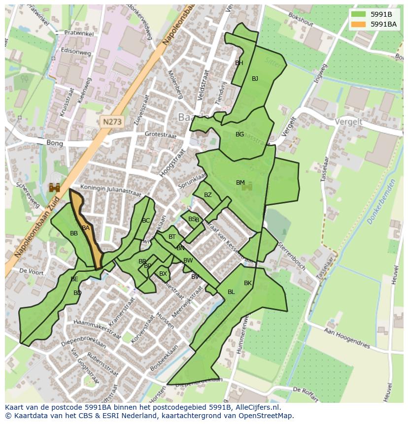 Afbeelding van het postcodegebied 5991 BA op de kaart.