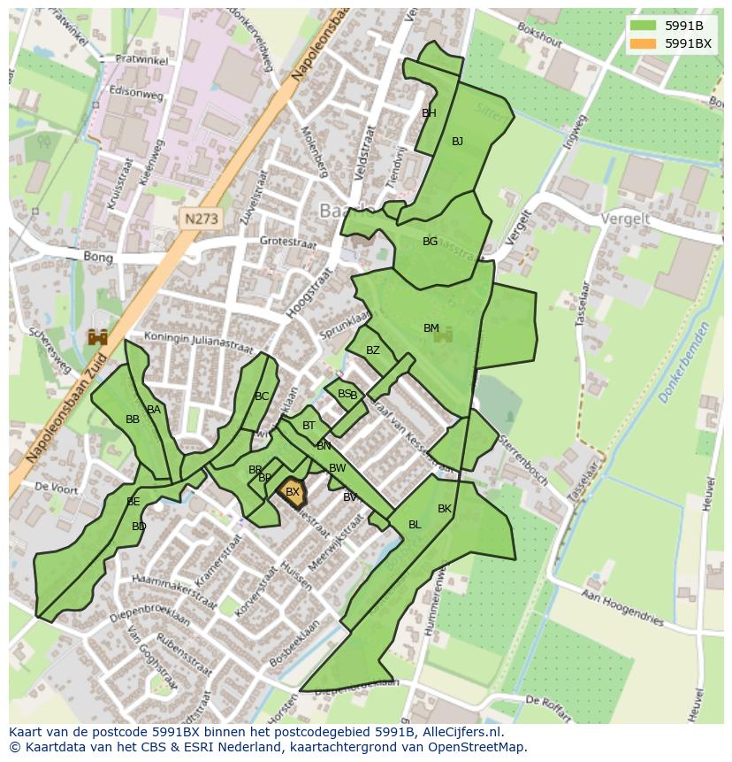 Afbeelding van het postcodegebied 5991 BX op de kaart.