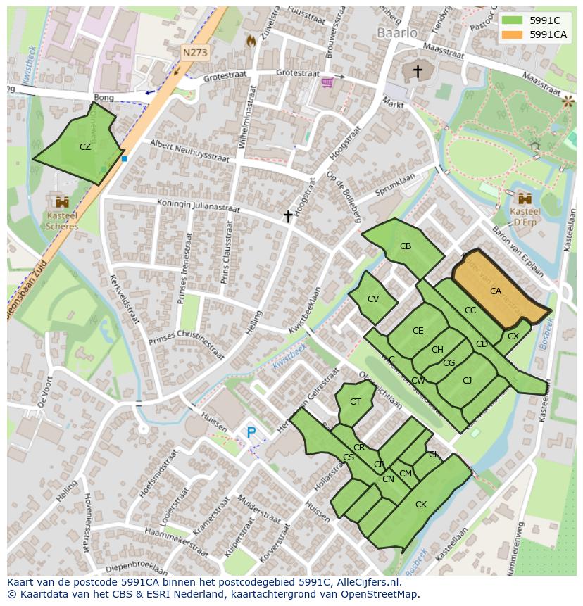 Afbeelding van het postcodegebied 5991 CA op de kaart.