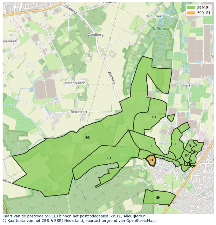 Afbeelding van het postcodegebied 5991 EJ op de kaart.