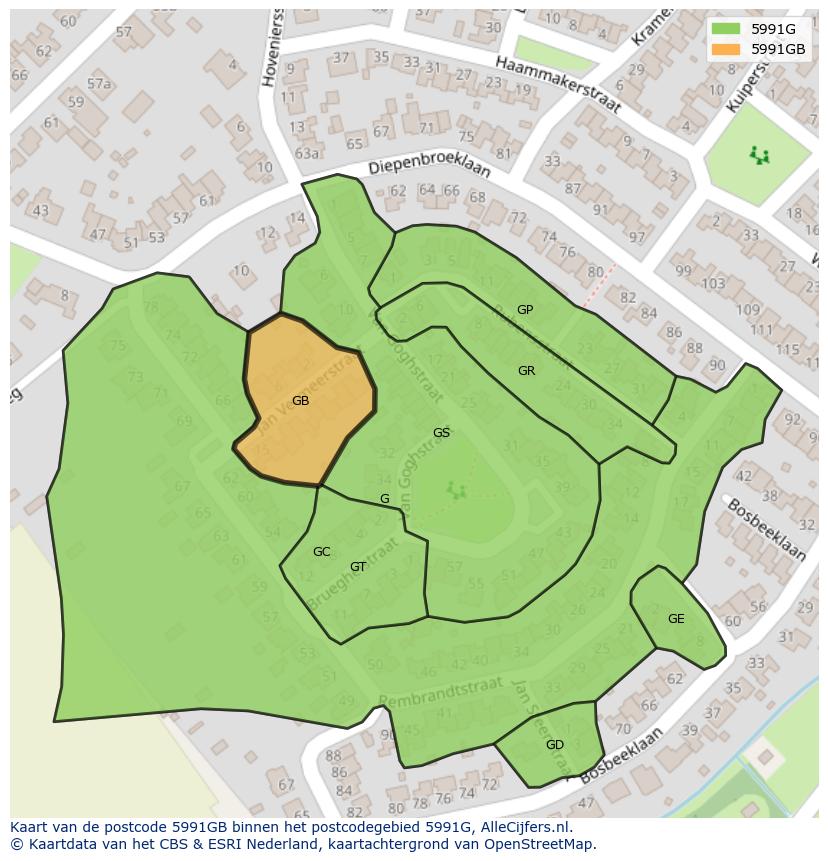 Afbeelding van het postcodegebied 5991 GB op de kaart.