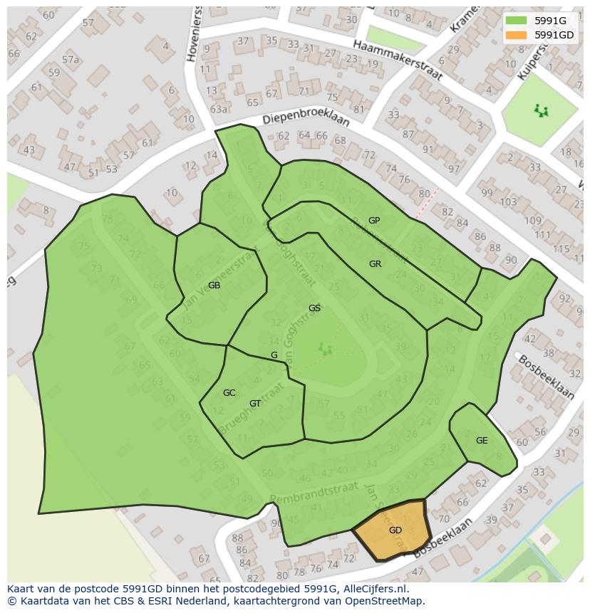 Afbeelding van het postcodegebied 5991 GD op de kaart.