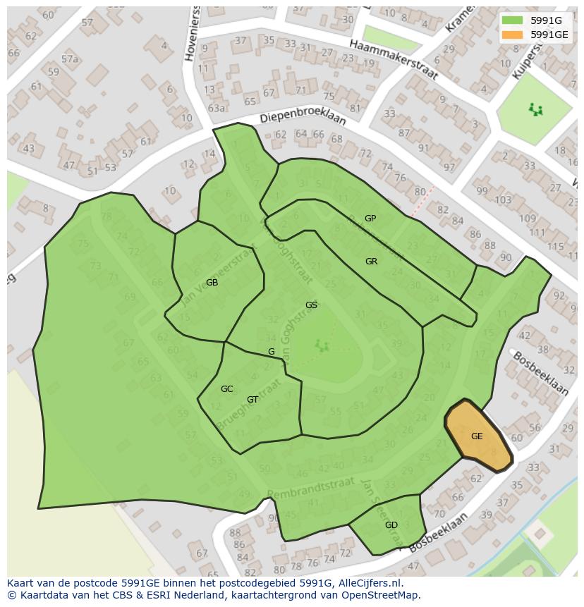 Afbeelding van het postcodegebied 5991 GE op de kaart.