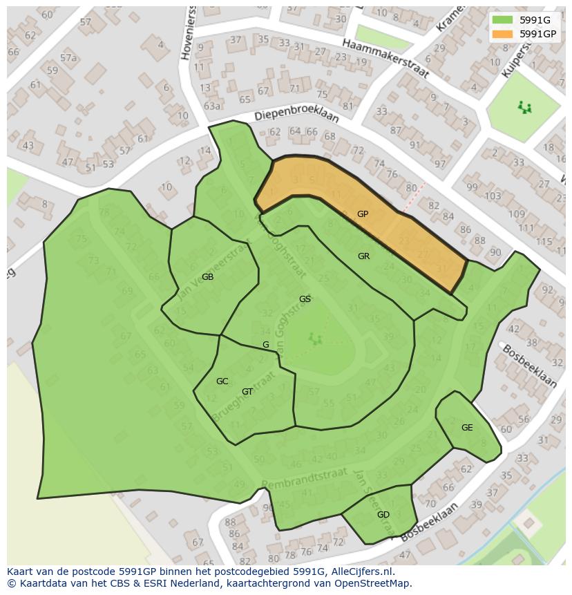 Afbeelding van het postcodegebied 5991 GP op de kaart.