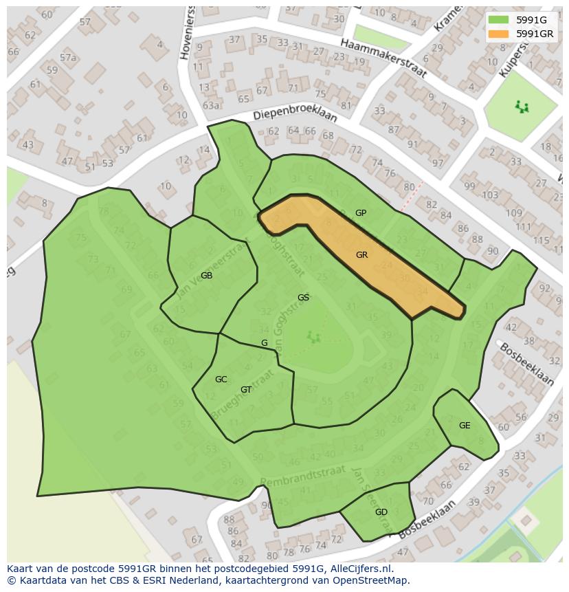 Afbeelding van het postcodegebied 5991 GR op de kaart.