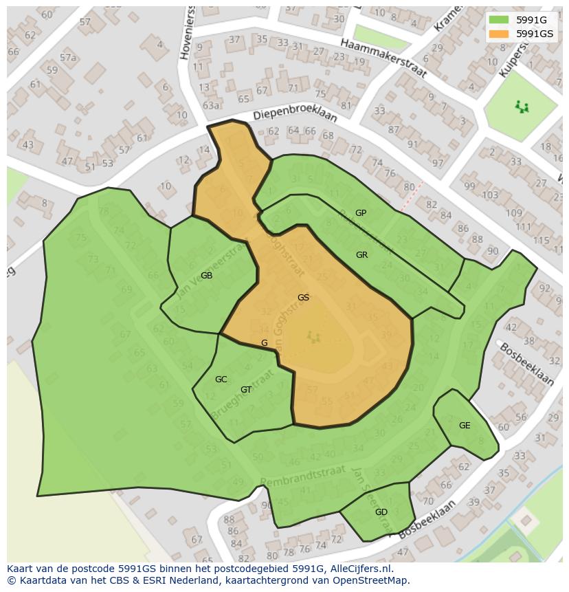 Afbeelding van het postcodegebied 5991 GS op de kaart.
