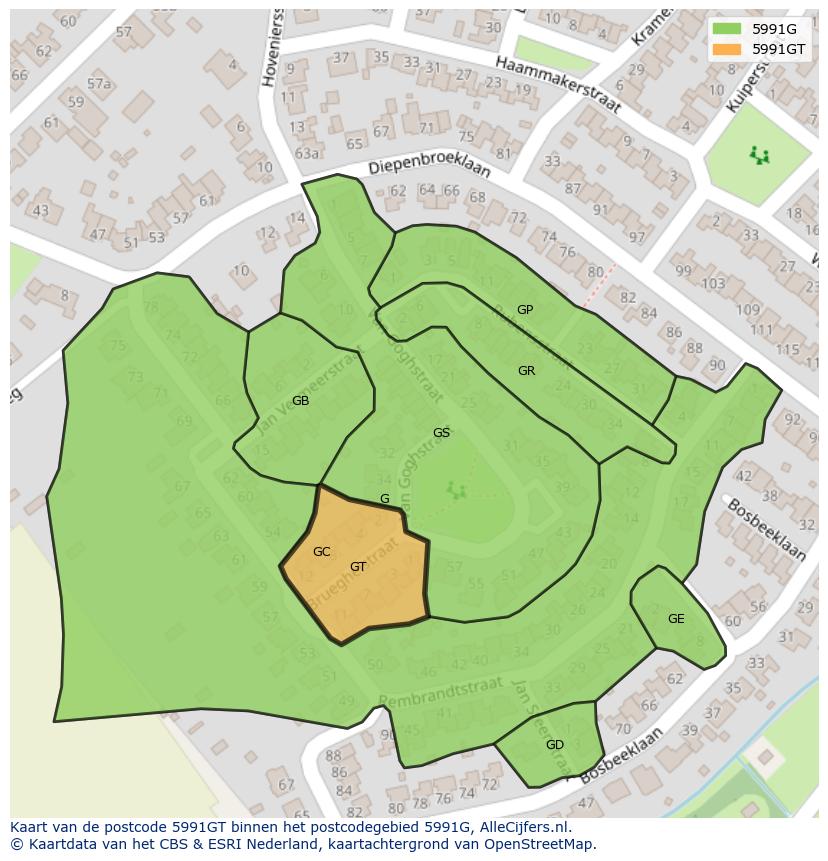 Afbeelding van het postcodegebied 5991 GT op de kaart.