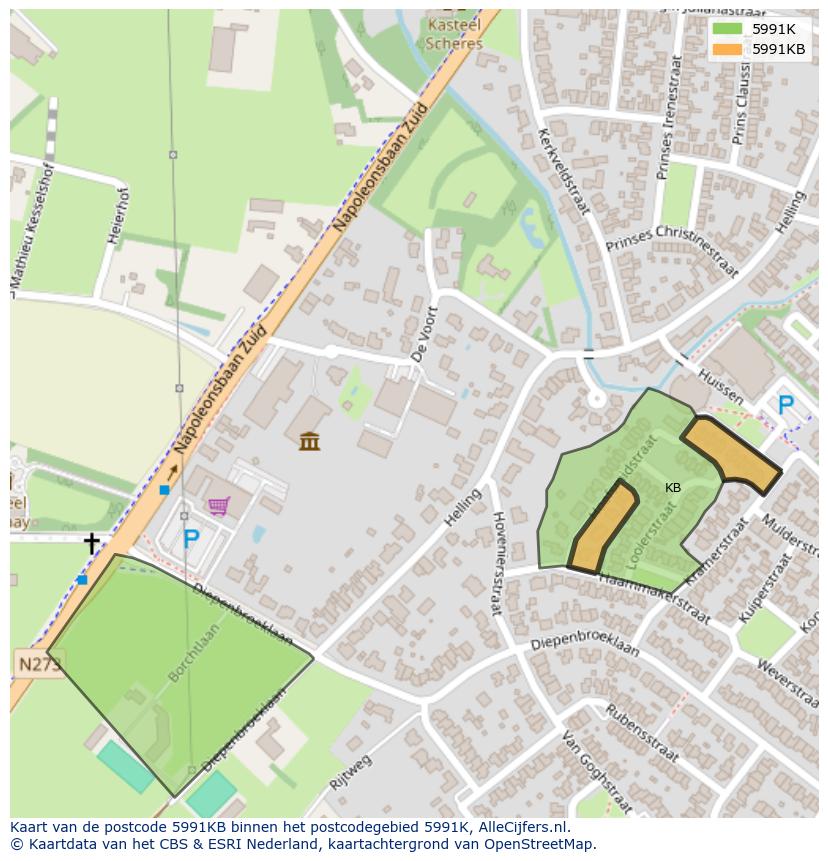 Afbeelding van het postcodegebied 5991 KB op de kaart.