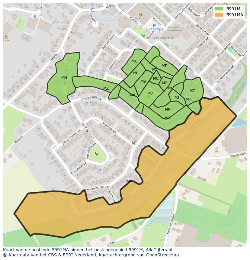 Afbeelding van het postcodegebied 5991 MA op de kaart.