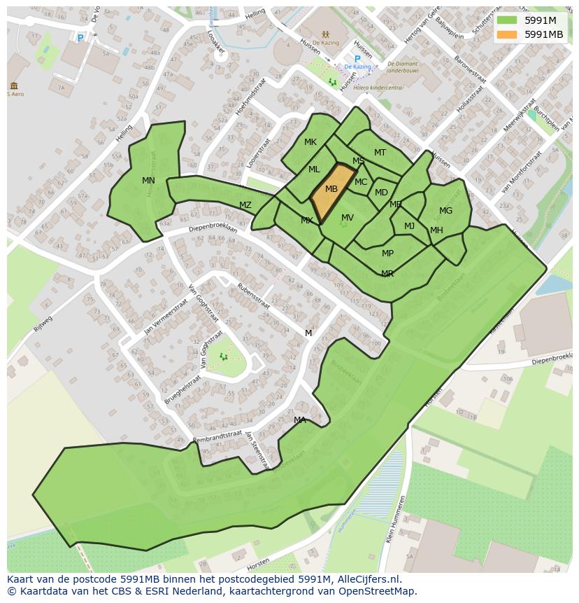 Afbeelding van het postcodegebied 5991 MB op de kaart.