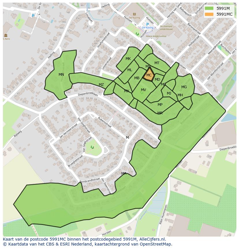 Afbeelding van het postcodegebied 5991 MC op de kaart.