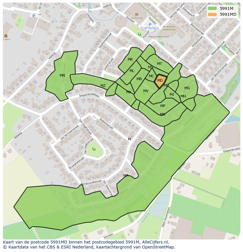 Afbeelding van het postcodegebied 5991 MD op de kaart.