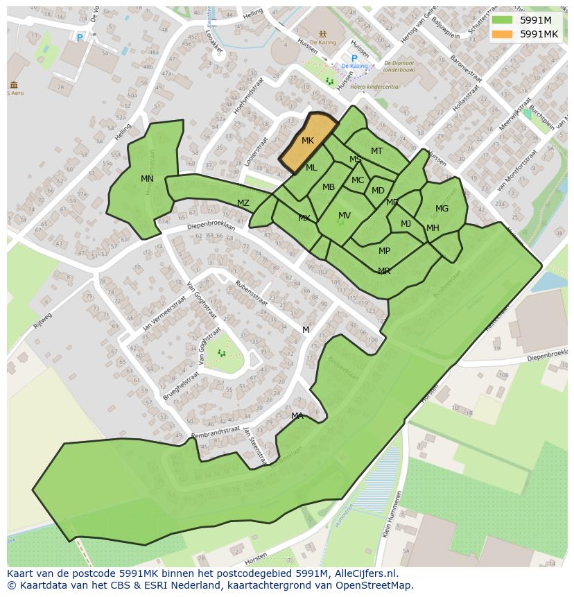 Afbeelding van het postcodegebied 5991 MK op de kaart.