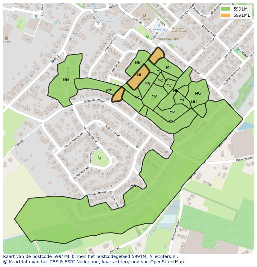 Afbeelding van het postcodegebied 5991 ML op de kaart.