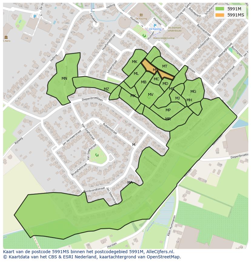 Afbeelding van het postcodegebied 5991 MS op de kaart.