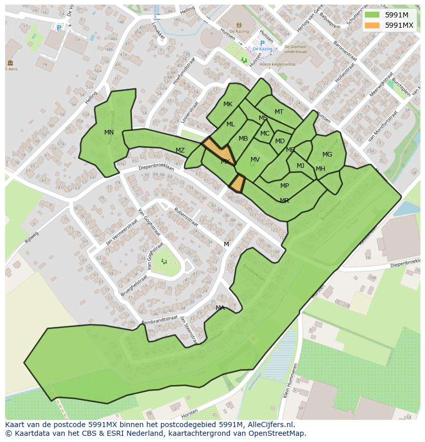 Afbeelding van het postcodegebied 5991 MX op de kaart.
