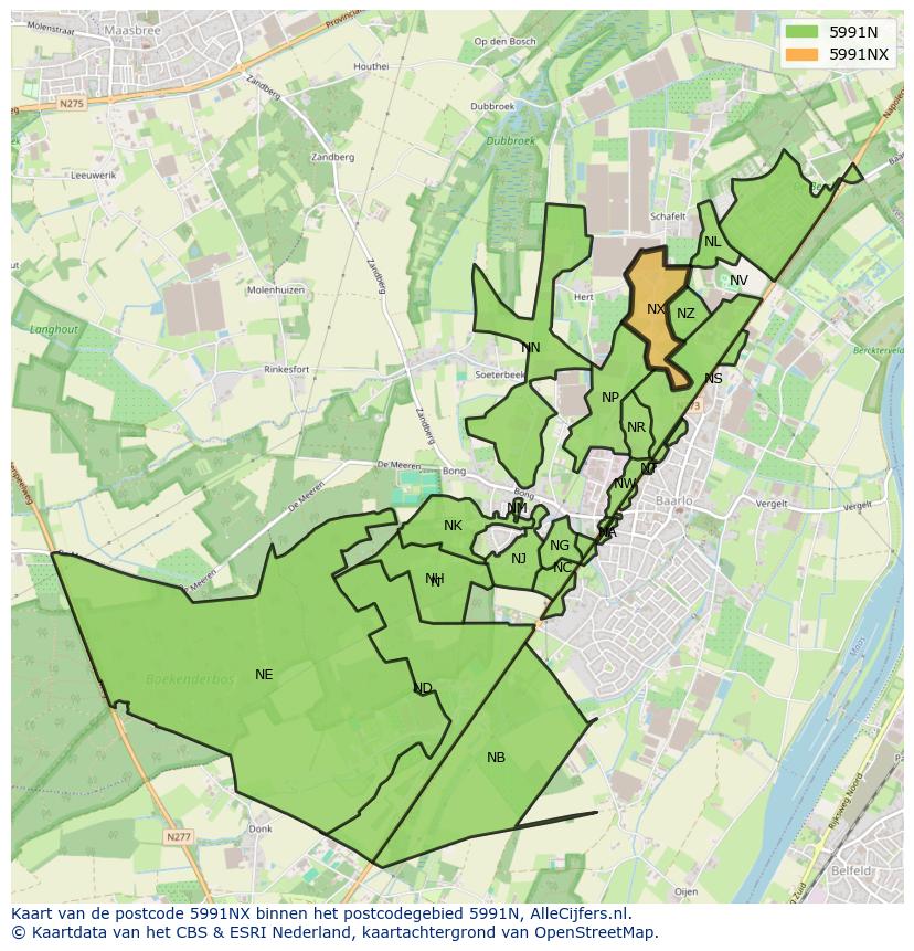 Afbeelding van het postcodegebied 5991 NX op de kaart.