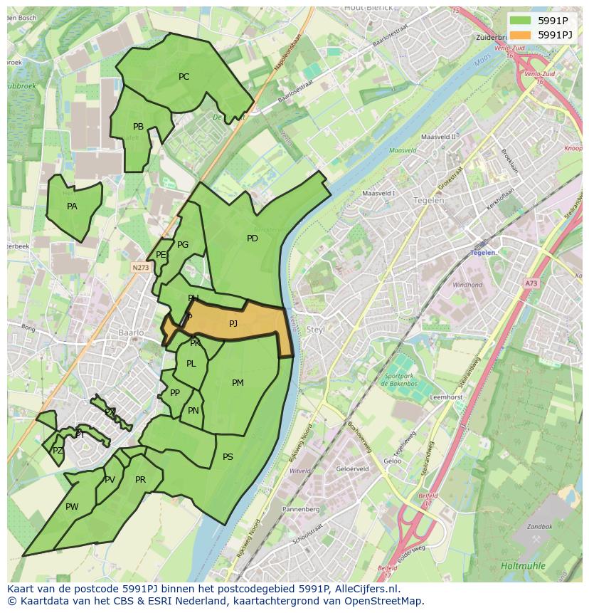 Afbeelding van het postcodegebied 5991 PJ op de kaart.