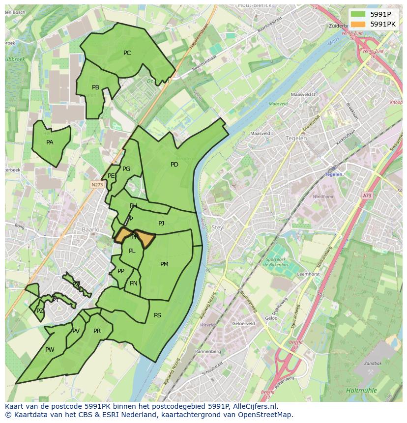 Afbeelding van het postcodegebied 5991 PK op de kaart.