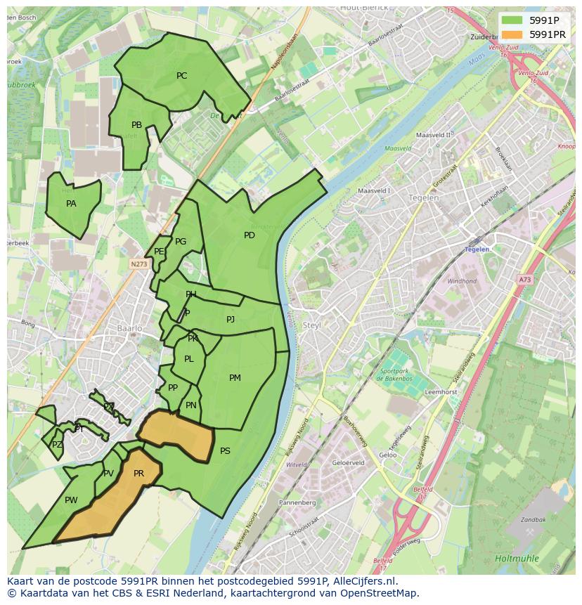 Afbeelding van het postcodegebied 5991 PR op de kaart.
