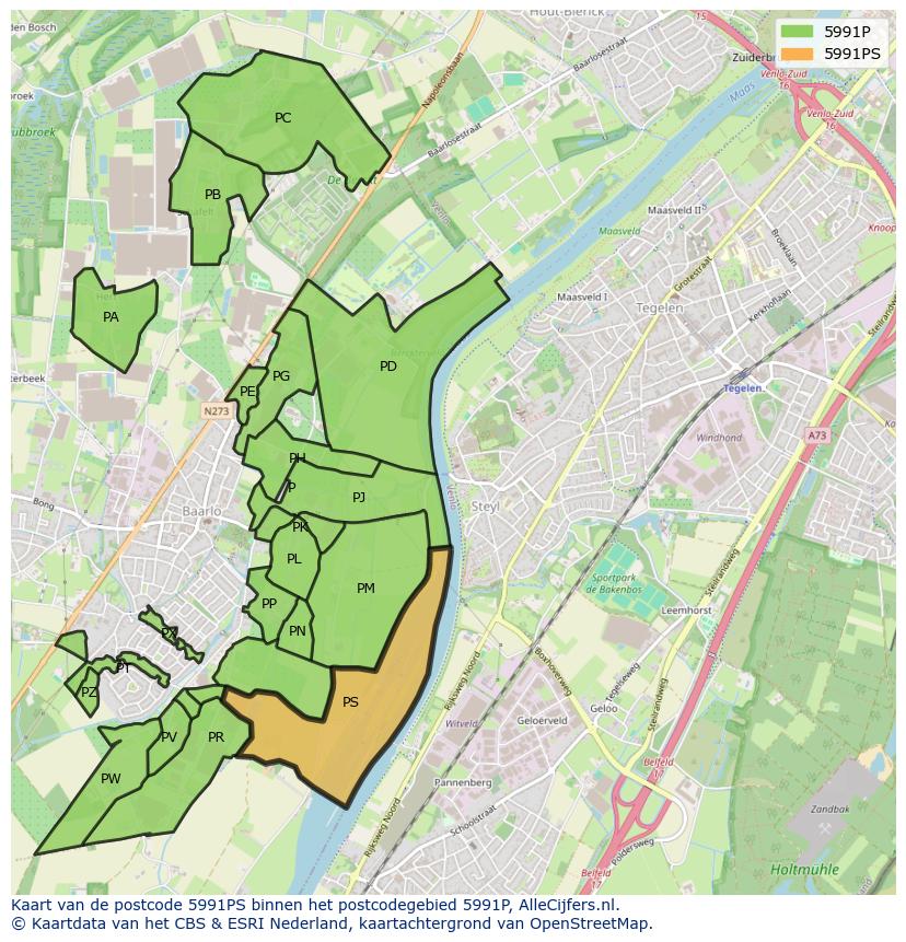 Afbeelding van het postcodegebied 5991 PS op de kaart.