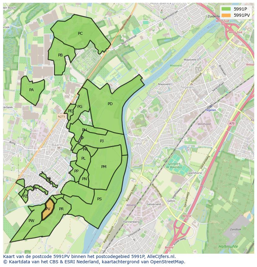 Afbeelding van het postcodegebied 5991 PV op de kaart.