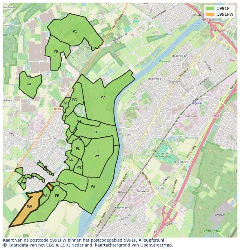 Afbeelding van het postcodegebied 5991 PW op de kaart.