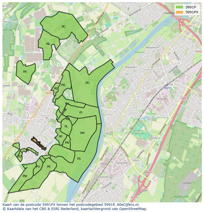 Afbeelding van het postcodegebied 5991 PX op de kaart.