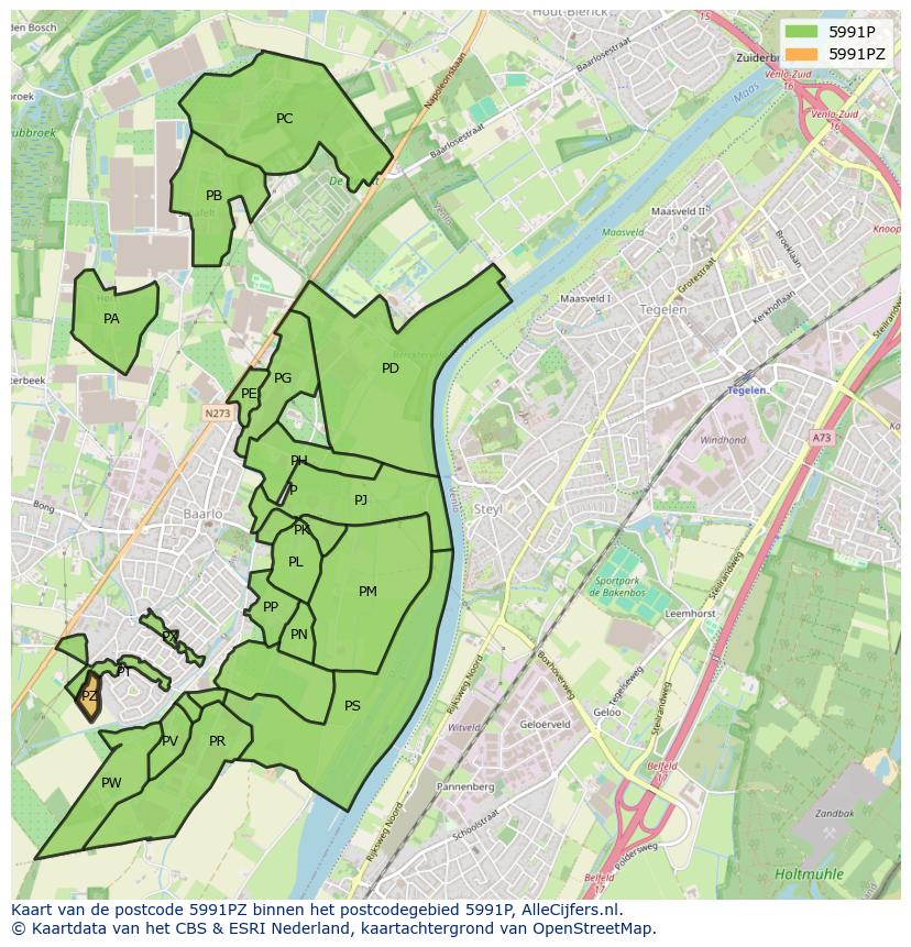 Afbeelding van het postcodegebied 5991 PZ op de kaart.