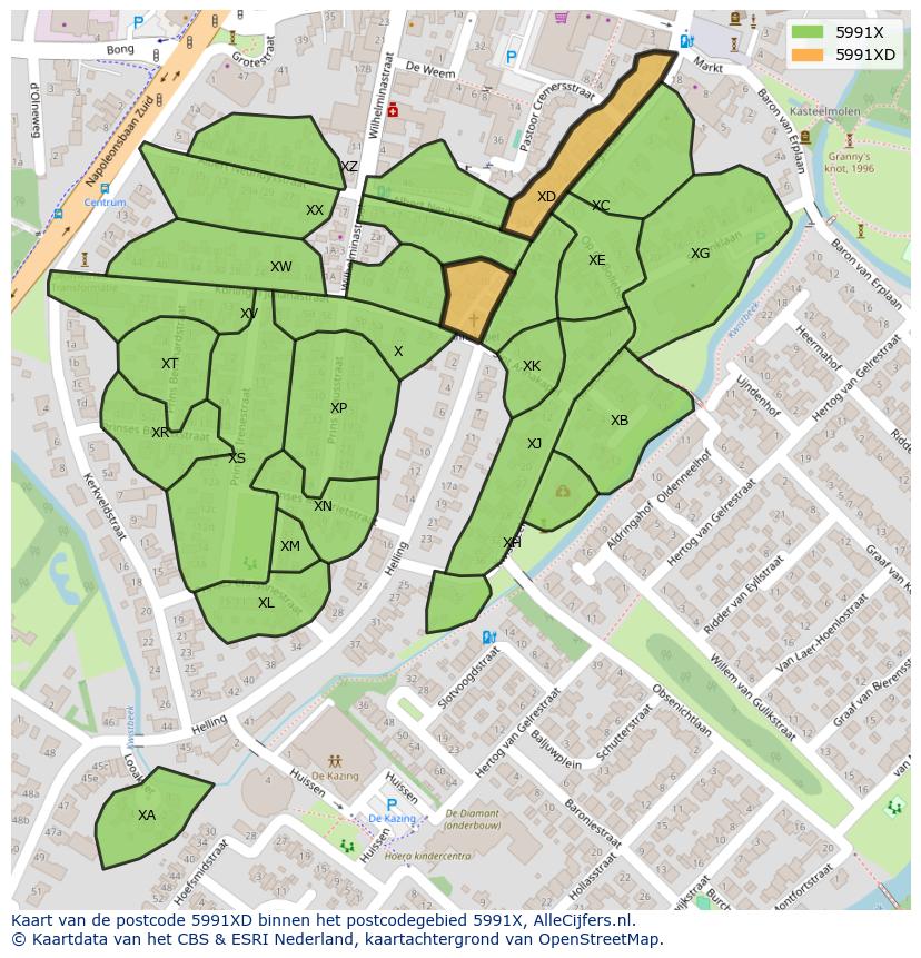 Afbeelding van het postcodegebied 5991 XD op de kaart.