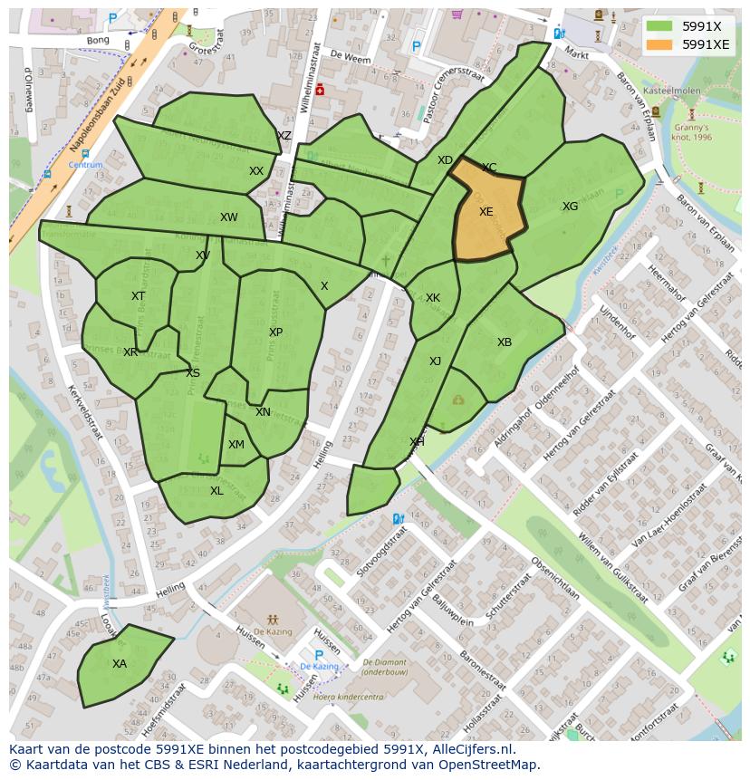 Afbeelding van het postcodegebied 5991 XE op de kaart.