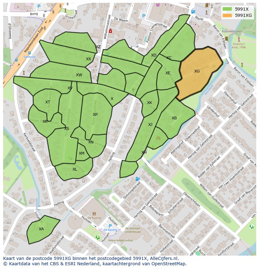 Afbeelding van het postcodegebied 5991 XG op de kaart.