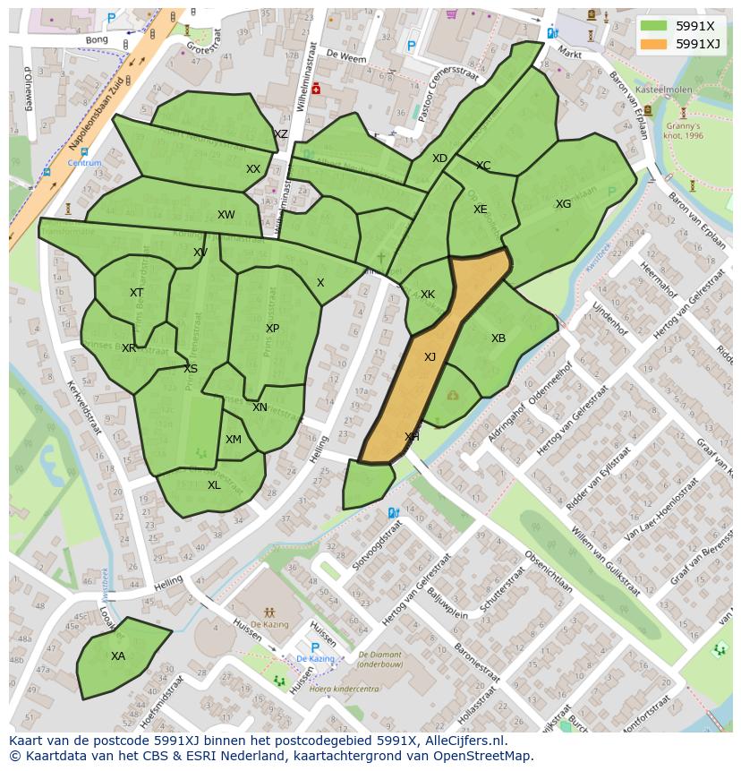 Afbeelding van het postcodegebied 5991 XJ op de kaart.