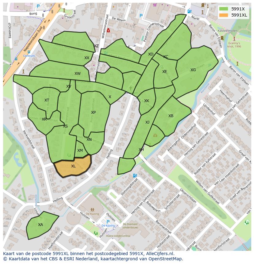 Afbeelding van het postcodegebied 5991 XL op de kaart.